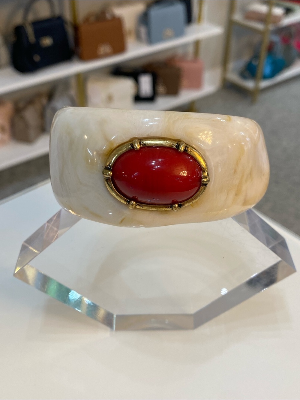 Ivory Resin Bangle with Red Cabochon Accent - Picture 6 of 7